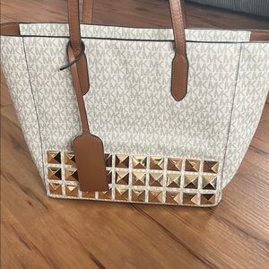 Michael Kors Cream Logo Tote with Brown Trim and Gold Studs